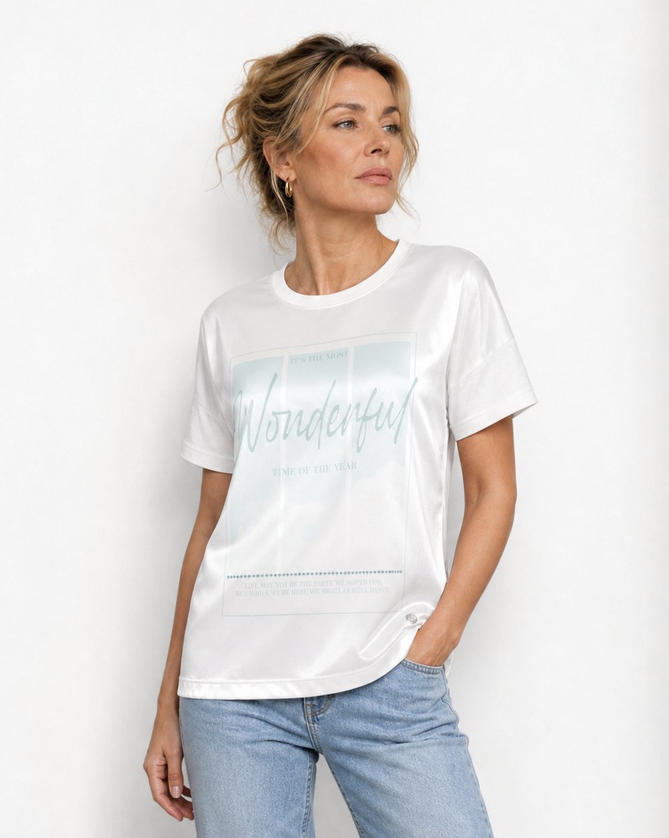 Van Verla - Wonderful Tshirt - Dames - Korte mouw - Ronde hals - beige / wit - Maat XL