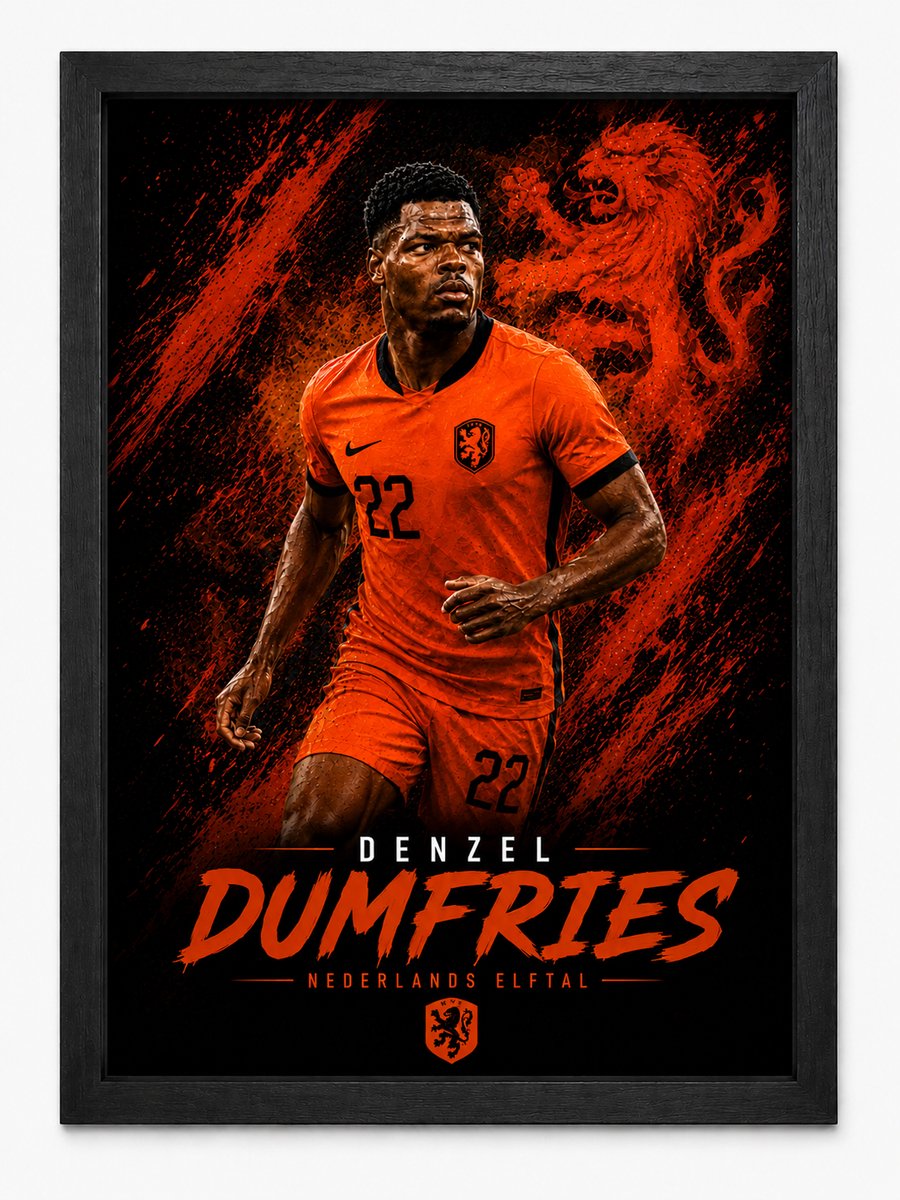 Denzel Dumfries Nederland Poster KNVB Inclusief Zwarte A4 Lijst | Voetbal Wanddecoratie Oranje Fans