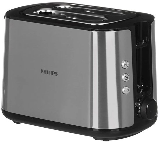Grille-pain Philips argenté avec panneaux latéraux noirs et boutons de commande.
