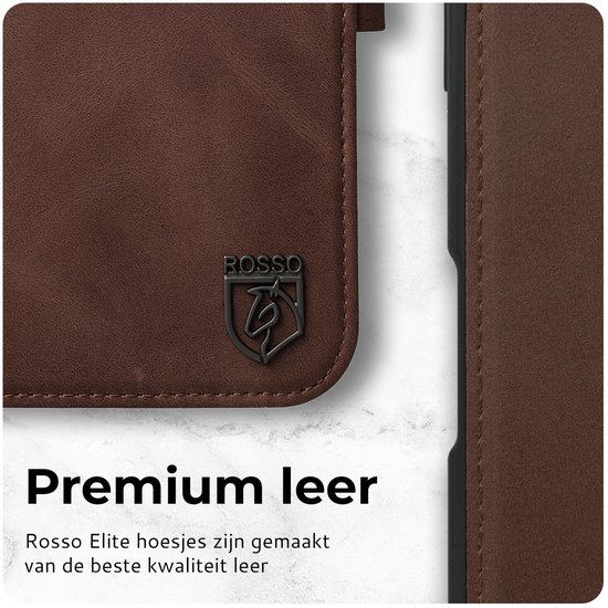 Bruin lederen hoesje met Rosso logo, 'Premium leer' tekst.