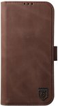 Bruine leren book case met 'Rosso' logo.