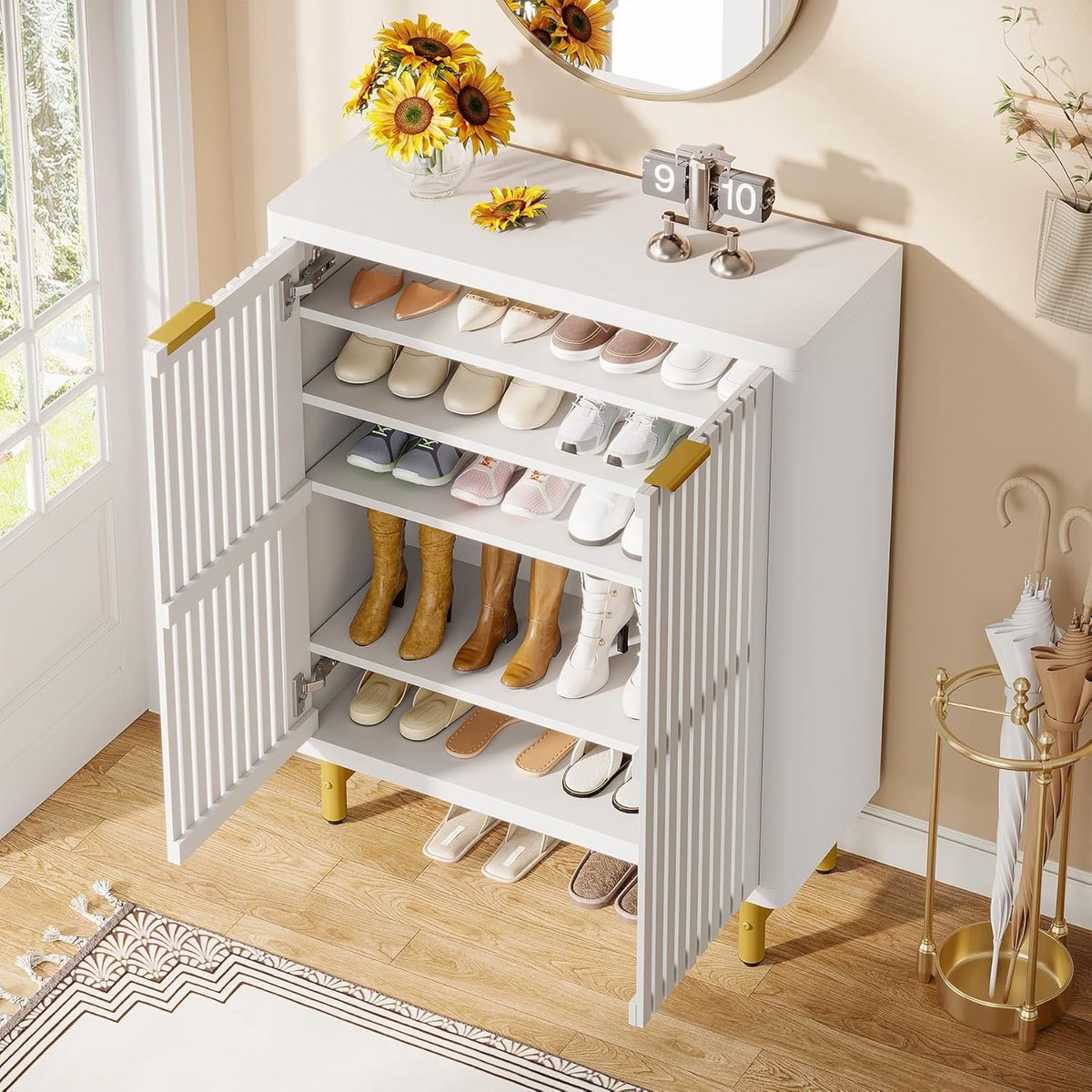 Schoenenkast met 6 niveaus en lamellendeuren – House&Garden – Grote houten schoenenkast 85x35x110 cm – modern halmeubel met verstelbare planken, ventilatie, 2-deurs schoenenopberger, wit – entree & gang organizer