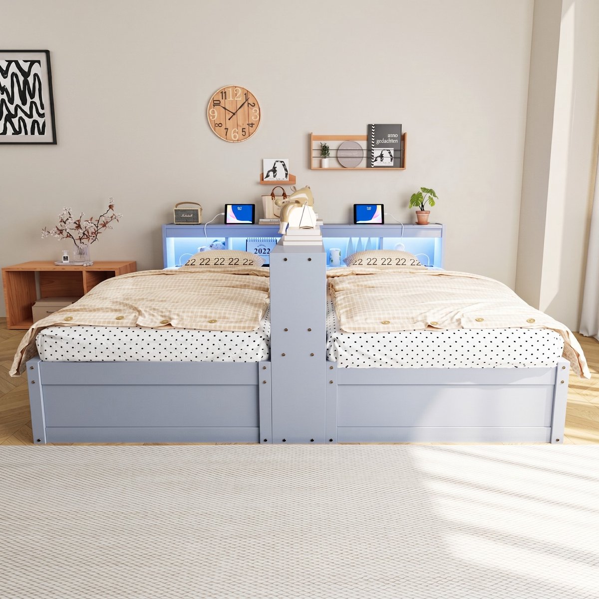 VVBV Slaapbank 2 persoons / Bedbank 180x200 – met Opbergruimte, LED-Verlichting, Stopcontact – MDF – Grijs – Multifunctioneel Gray