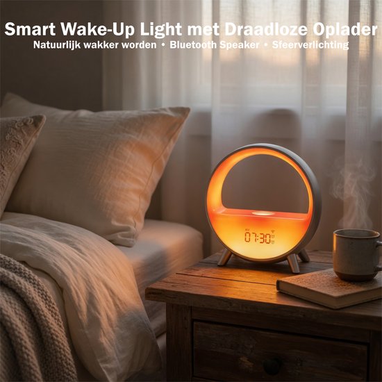 Inga® Smart Wake Up Light met zonsopgang simulatie, draadloos oplader, en bluetooth speaker| Automatische tijdinstelling | Wifi | Zet de toon met 9 omgevingssferen en 4 natuurlijke geluiden