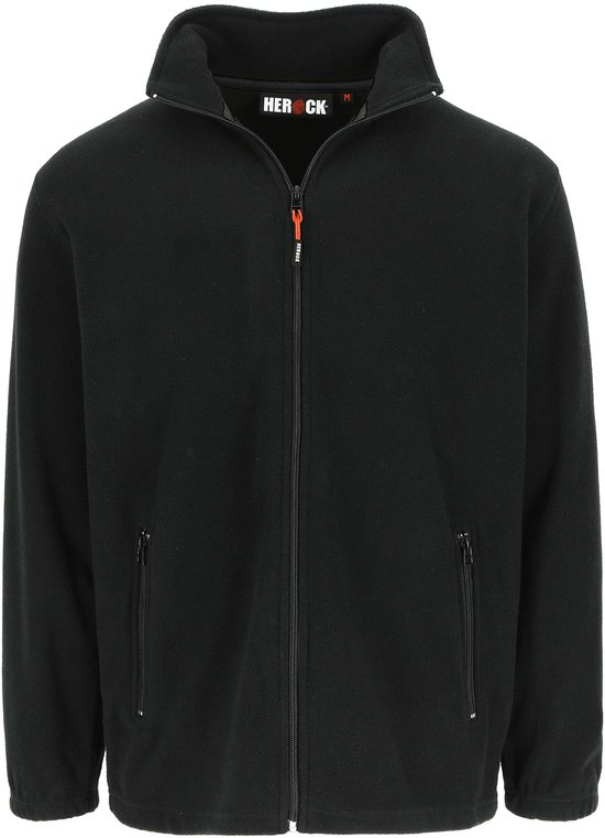 Zwarte fleece jas met rits en opstaande kraag. Twee zakken met rits.