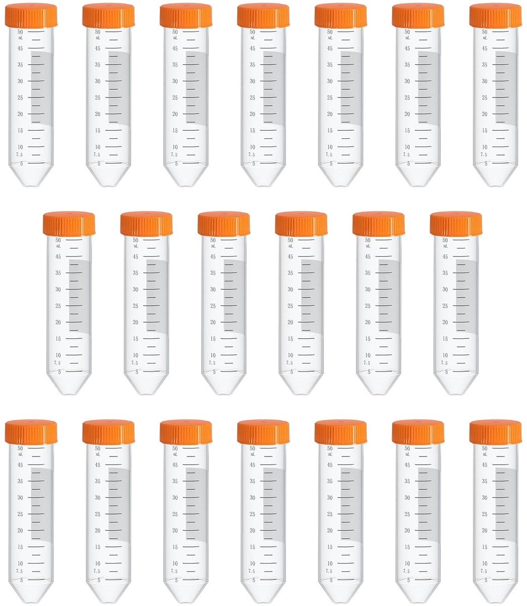 Dailygoods- Reageerbuisjes 50 ml - 20 Stuks - Kunststof - Schroefdop - Transparant - Ideaal voor laboratoriumtests - Laboratoriumbuis
