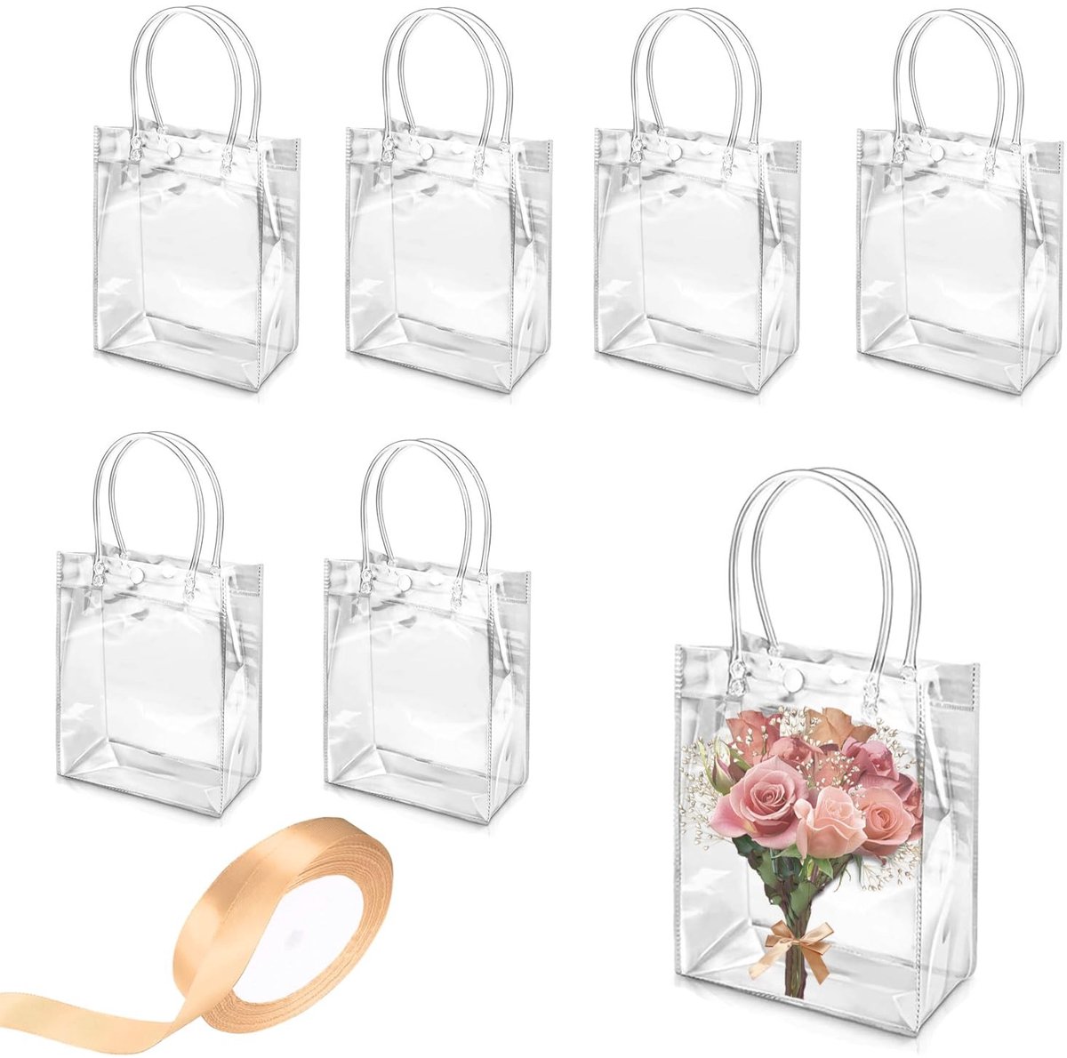 Dailygoods- Cadeauzakjes 6 Stuks - Transparant - Herbruikbaar - Waterdicht - Handgrepen - 25 x 20 x 7 cm - Hoogwaardig PVC - Geschenktas