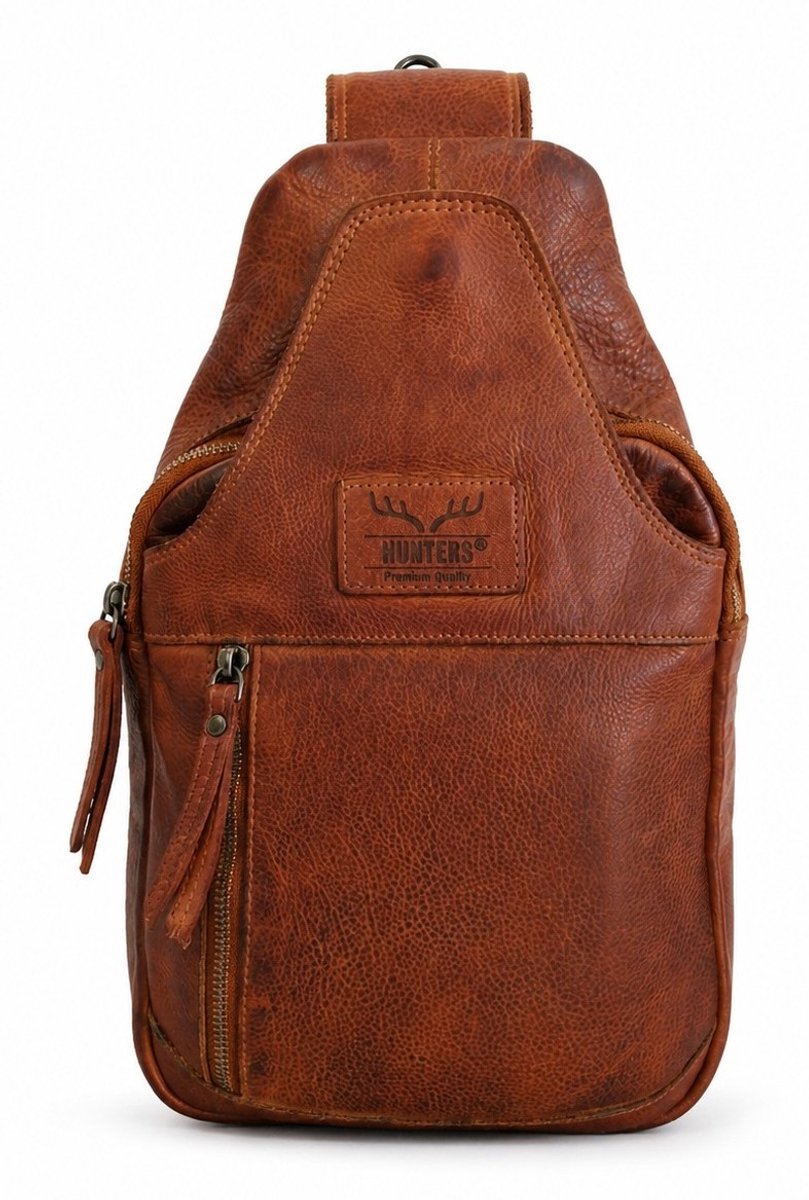Hunters leren Crossbody tas - Sling bag - Gewassen leer - Soepel en sterk - cognak - (bxhxd) ca. 20cm x 35cm x 4cm