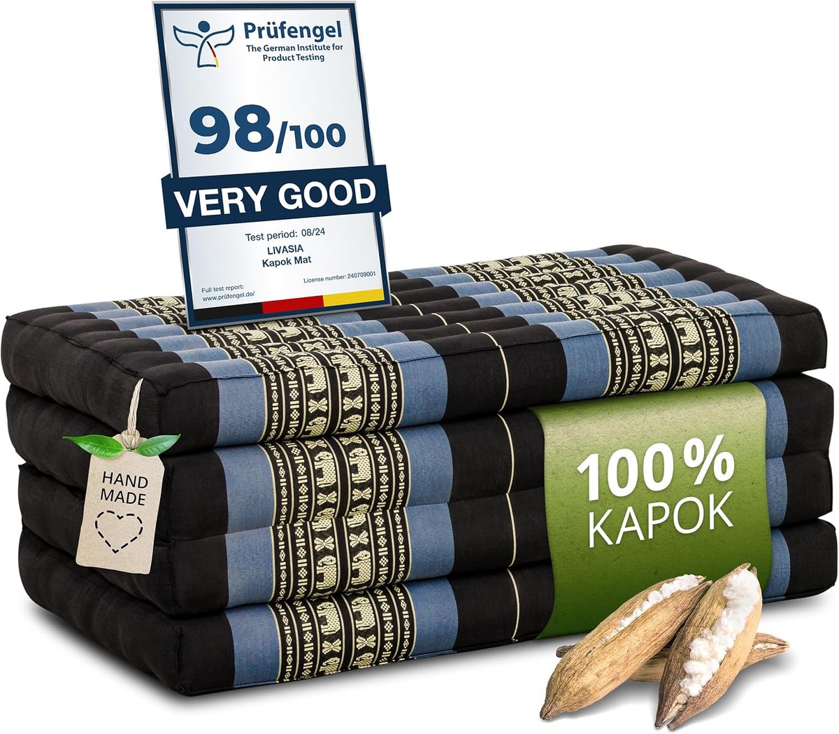Klapmatras - Gastenmatras Plooimatras - Kamperen Ontspannen - Natuurlijk Kapok Gevuld - 200x80cm - Blauw Olifant