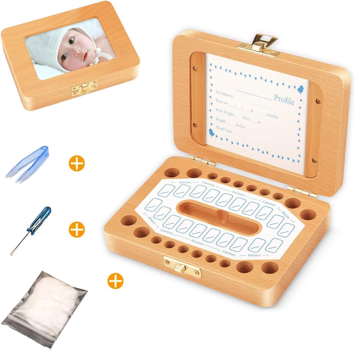 Baby Tandendoos - Houten Aandenken - Herinneringen Bewaren - Met Fotolijst - 15 cm - Houtkleur