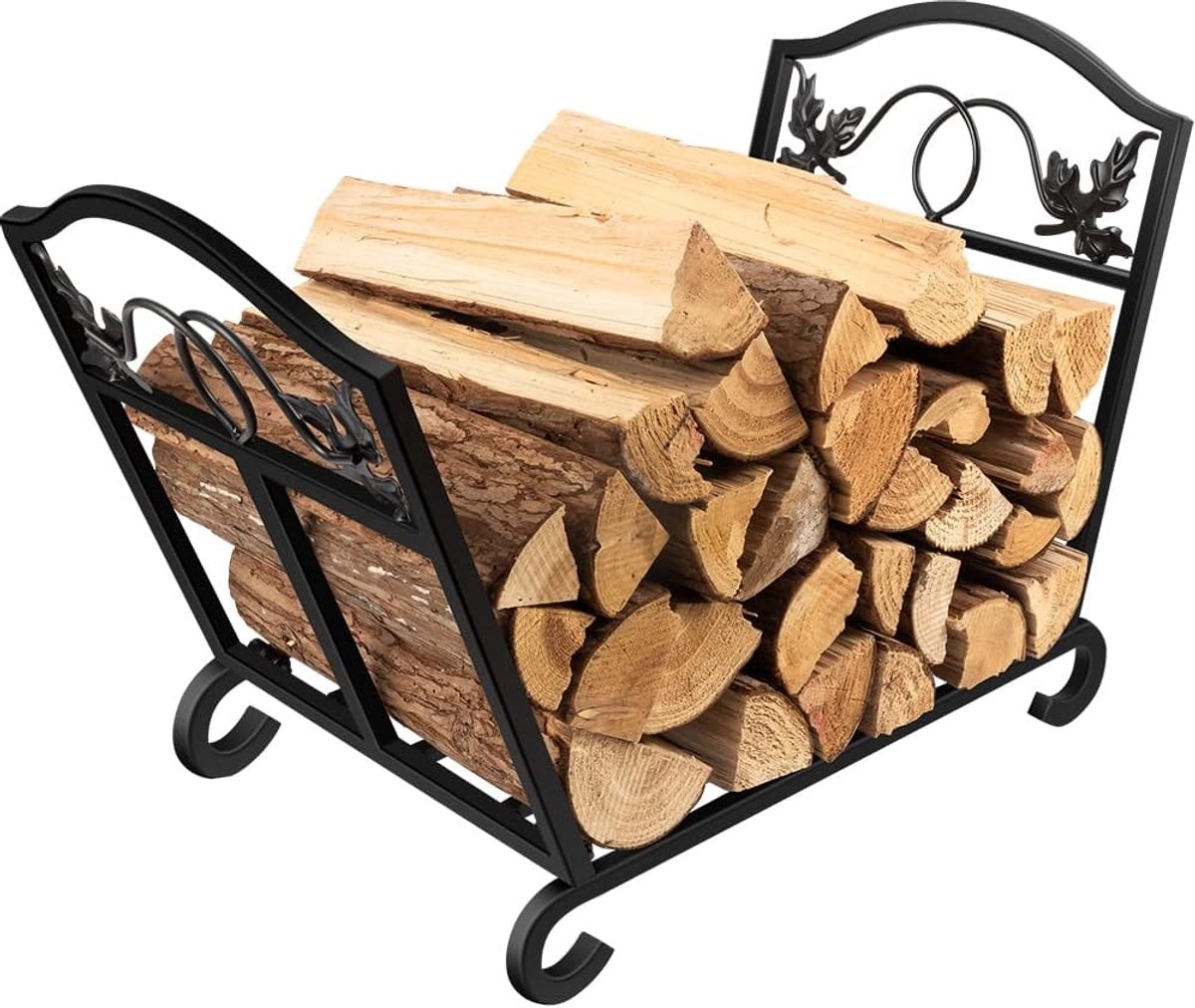 Brandhoutrek - Houthouder Open Haard - Haardhout Opslag - Decoratief Bladontwerp - 55 cm Hoog - Zwart