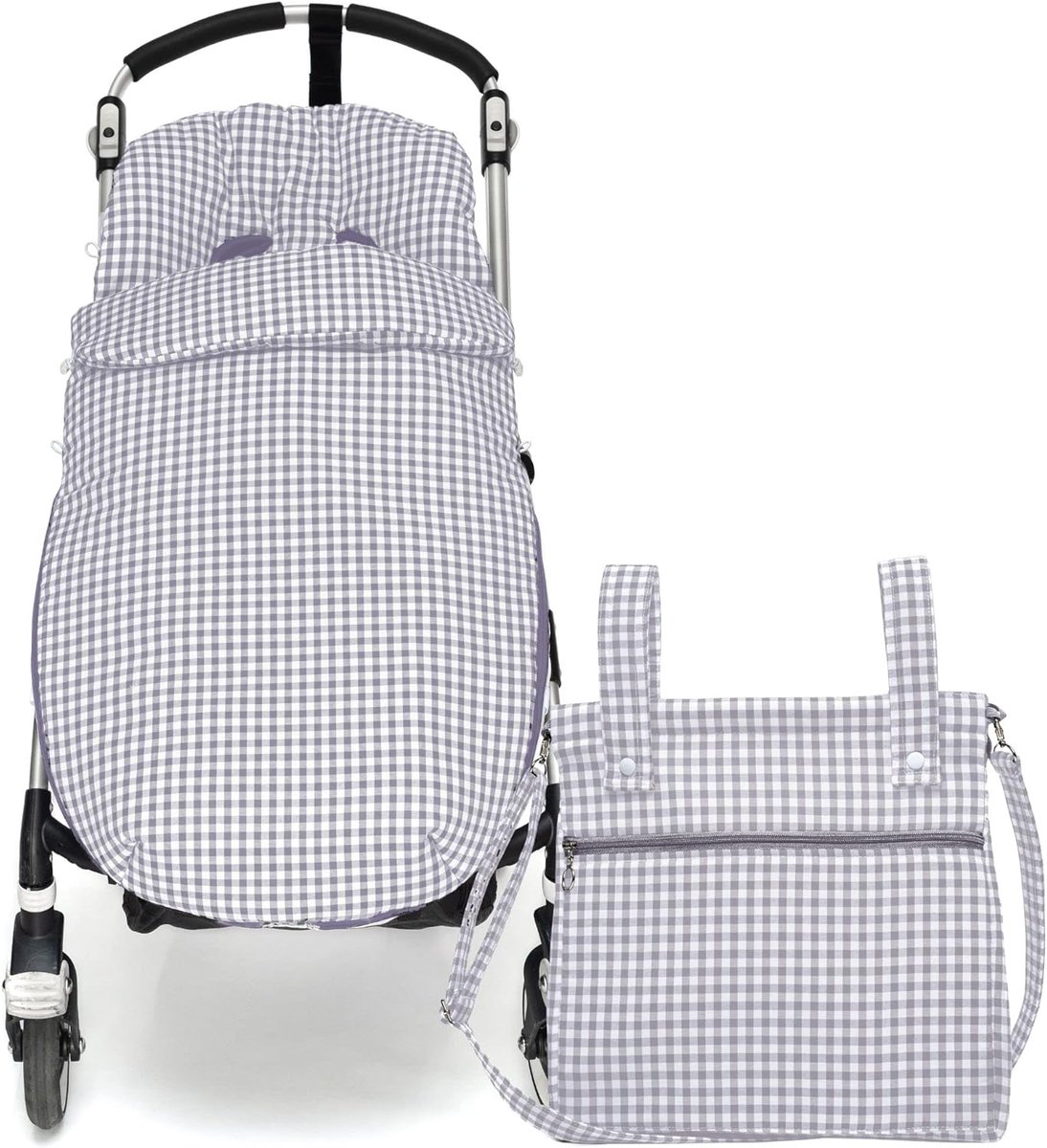 Voetenzak en luiertas - Kinderwagen set - Baby onderweg - Handgemaakt katoen - 35x36x10 cm - Geruit grijs