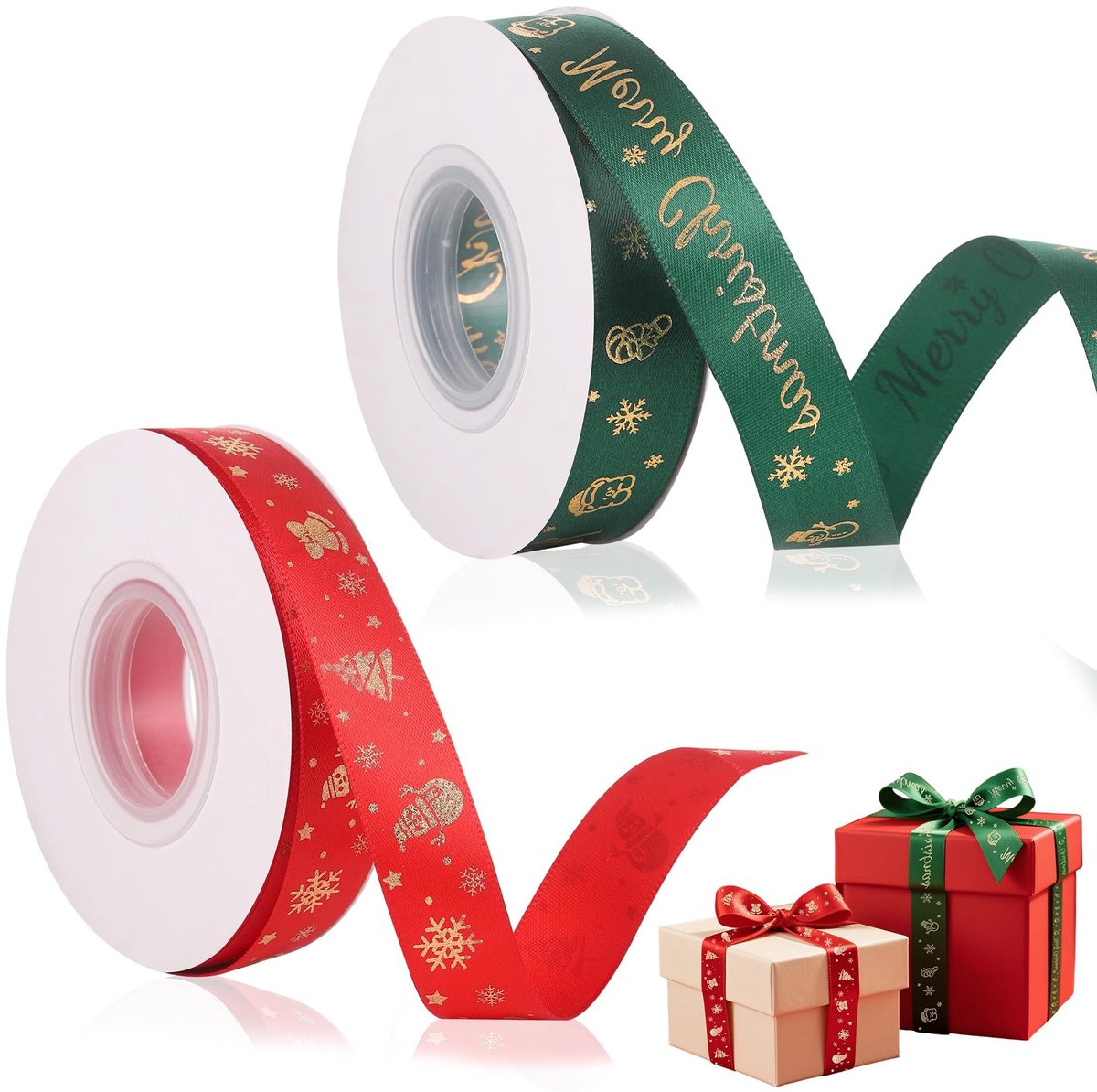 Dailygoods- Cadeaulint Kerstmis - 2 Rollen 2,3 cm x 23 m - Satijnen Lint - Kerstband met Goudopdruk - Rood/Groen - Hoogwaardig Materiaal - Kerstlint