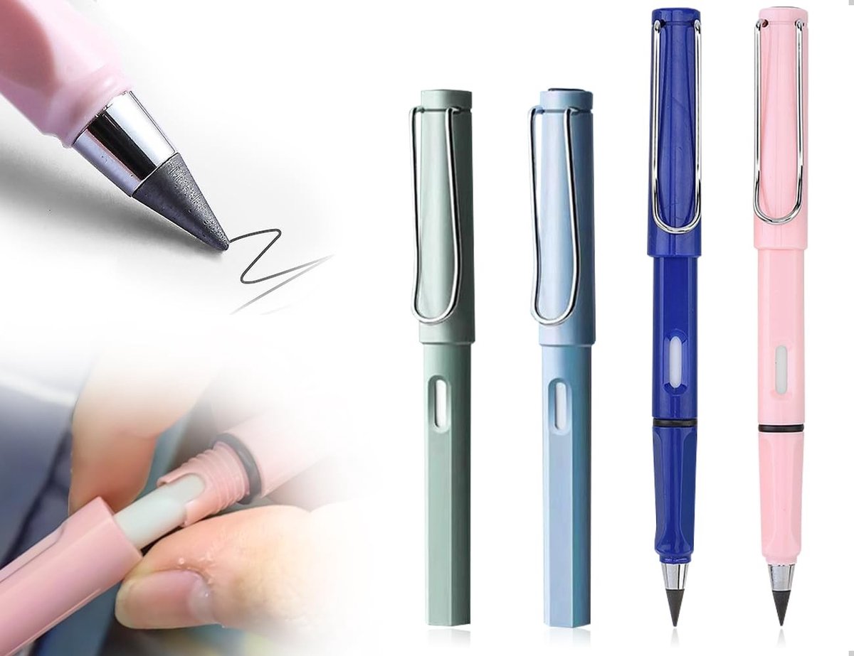 Dailygoods - Set van 4 Eeuwige Potloden (Inktloos Metaal) - Oneindig Schrijven met Gum