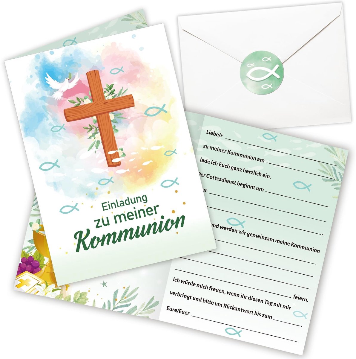 Dailygoods- Uitnodigingskaarten voor Communie - 16 Stuks - Met Enveloppen - Stickers - Voor Meisjes/Jongens - Heilige - Communiekaarten