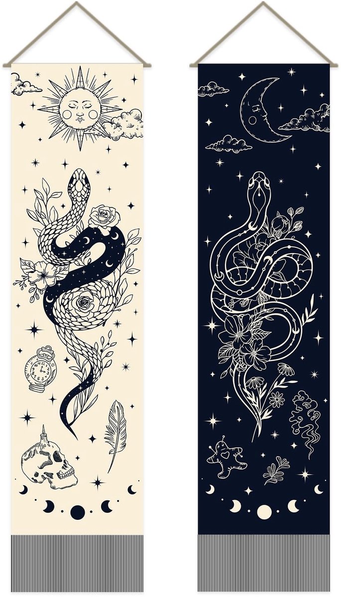 Dailygoods- Wandtapijt Set van 2 - Bohemien Slangenprint - Mystiek Wandkleed - Kwastje - 30 x 130 cm - Verticaal Design - Muurtapijt