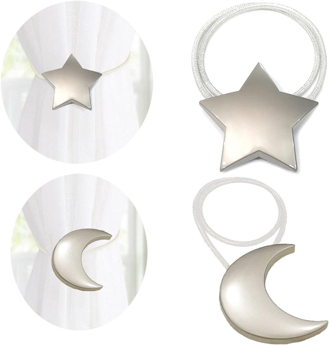 Gordijn Tiebacks - Gordijnclips Touw - Raamdecoratie Aanpassen - Magnetische Bevestiging - 40cm Lengte - Zilver