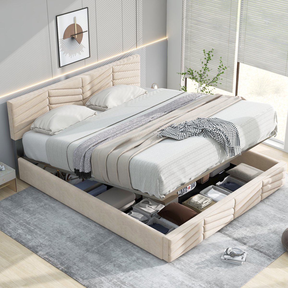 DESMIU Gestoffeerd Bed 140x190 cm – Verstelbaar Hoofdbord Met Lattenbodem – Zonder Opbergruimte – Voor Volwassenen En Jeugd – Fluwelen Stijl – Beige – Zonder Matras