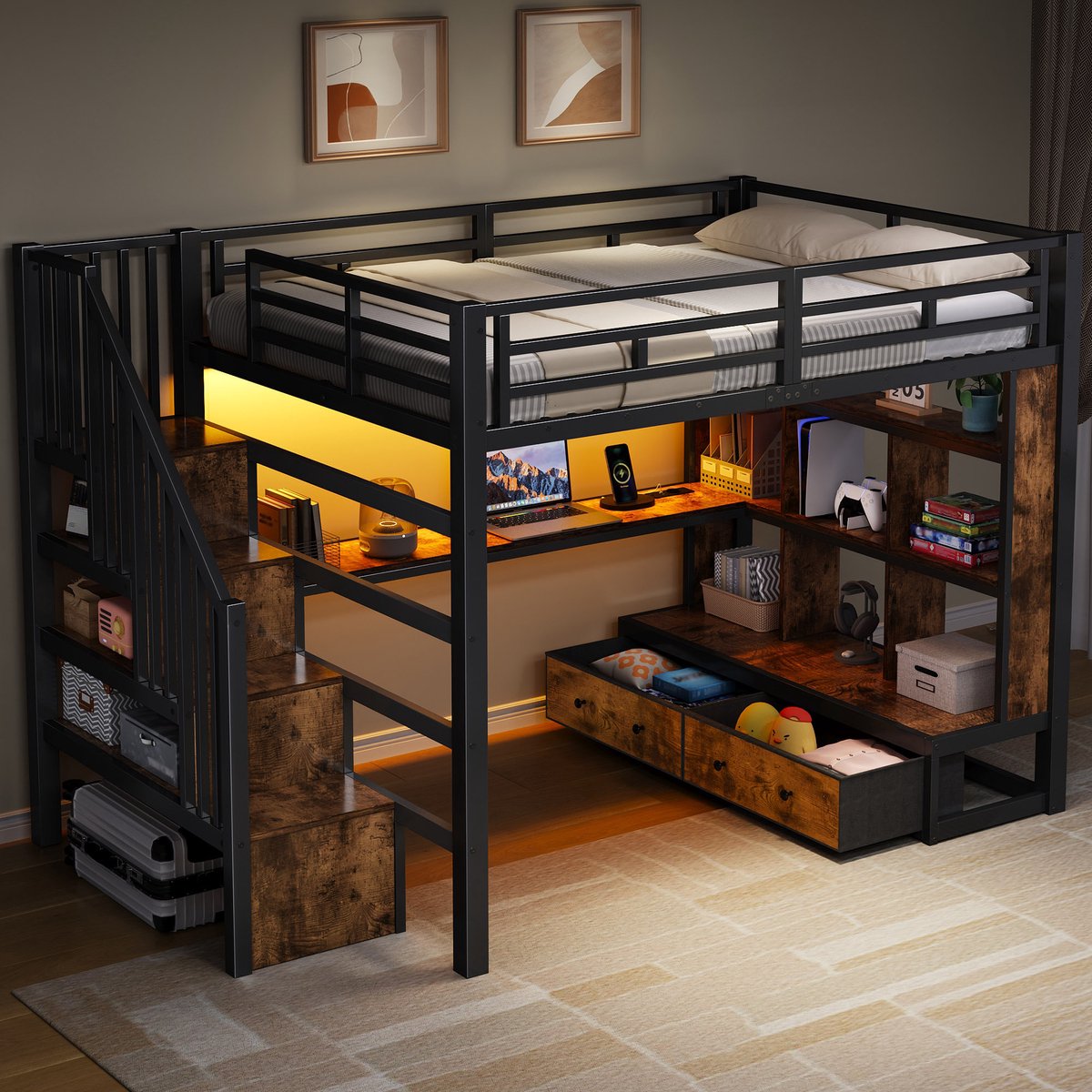 DESMIU Metalen Hoogslaper 140x200 cm – Hoogslaper met Bureau, Planken, Trap en 2 Laden – Met Led-Kopstuk – Voor Slaapkamer of Jeugdkamer – MDF en Metaal – Zwart – Zonder matras