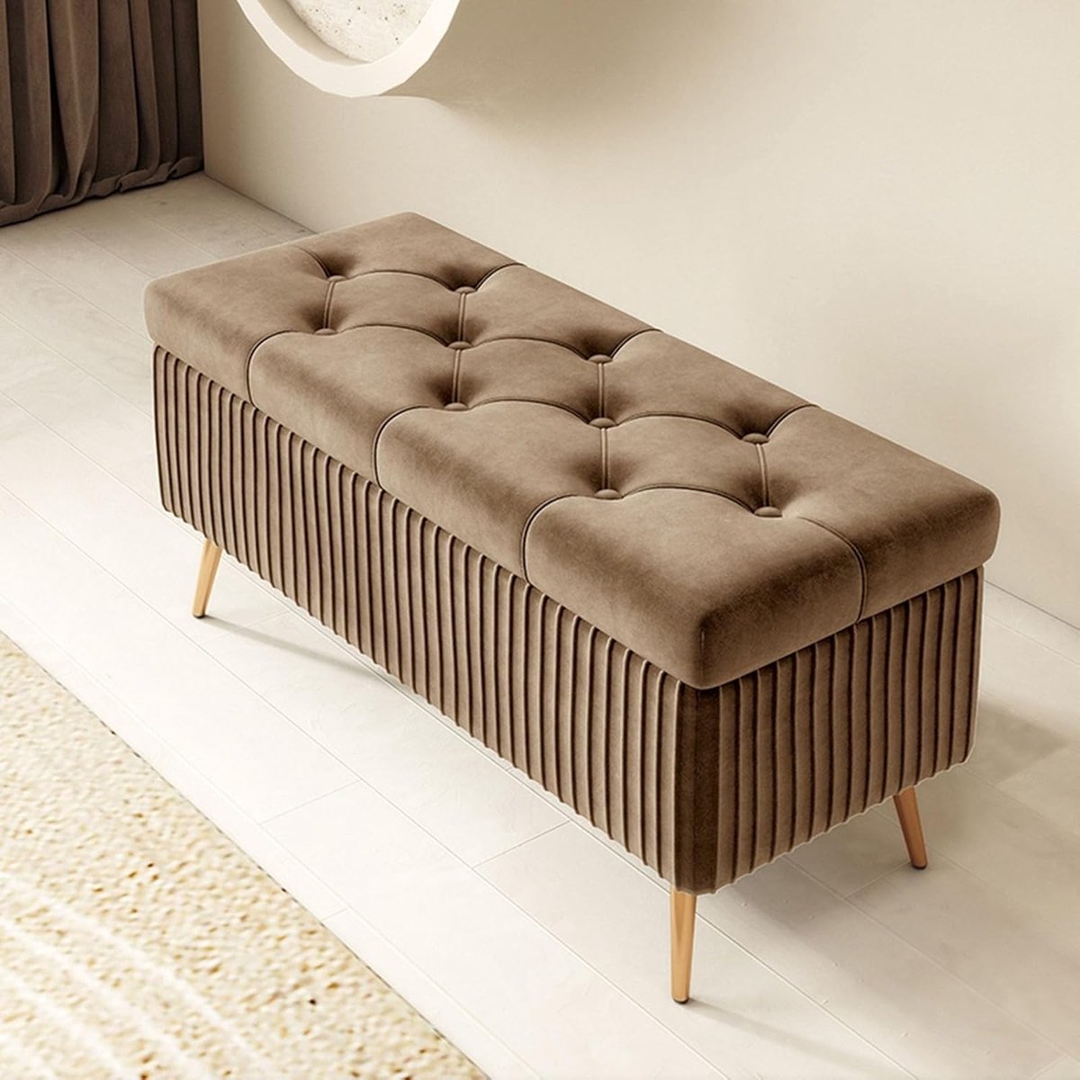 Opbergbank - Voetenbank Poef - Extra Zitten - Knopen Pluche Design - 80 cm - Lichtbruin