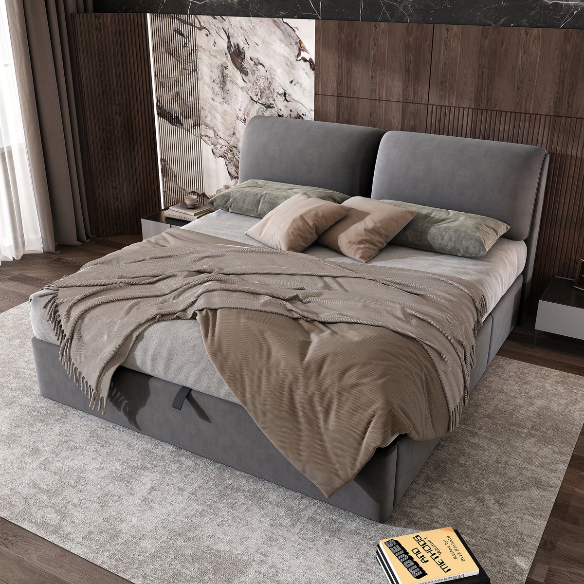 DESMIU Gestoffeerd Bed 160x200 cm - Hydraulisch Bed met 3 Lades en Opbergruimte - Hoofdbord met Verstelbare Hoogte - Voor Slaapkamer - Zacht Fluweel - Grijs - Zonder Matras