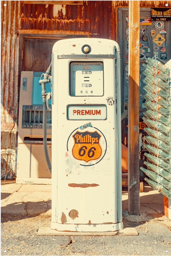Pompe à essence vintage Route 66 - 60x90 cm - Phillips 66 Americana - Décoration de garage rétro - Toile de jardin - Affiche de jardin