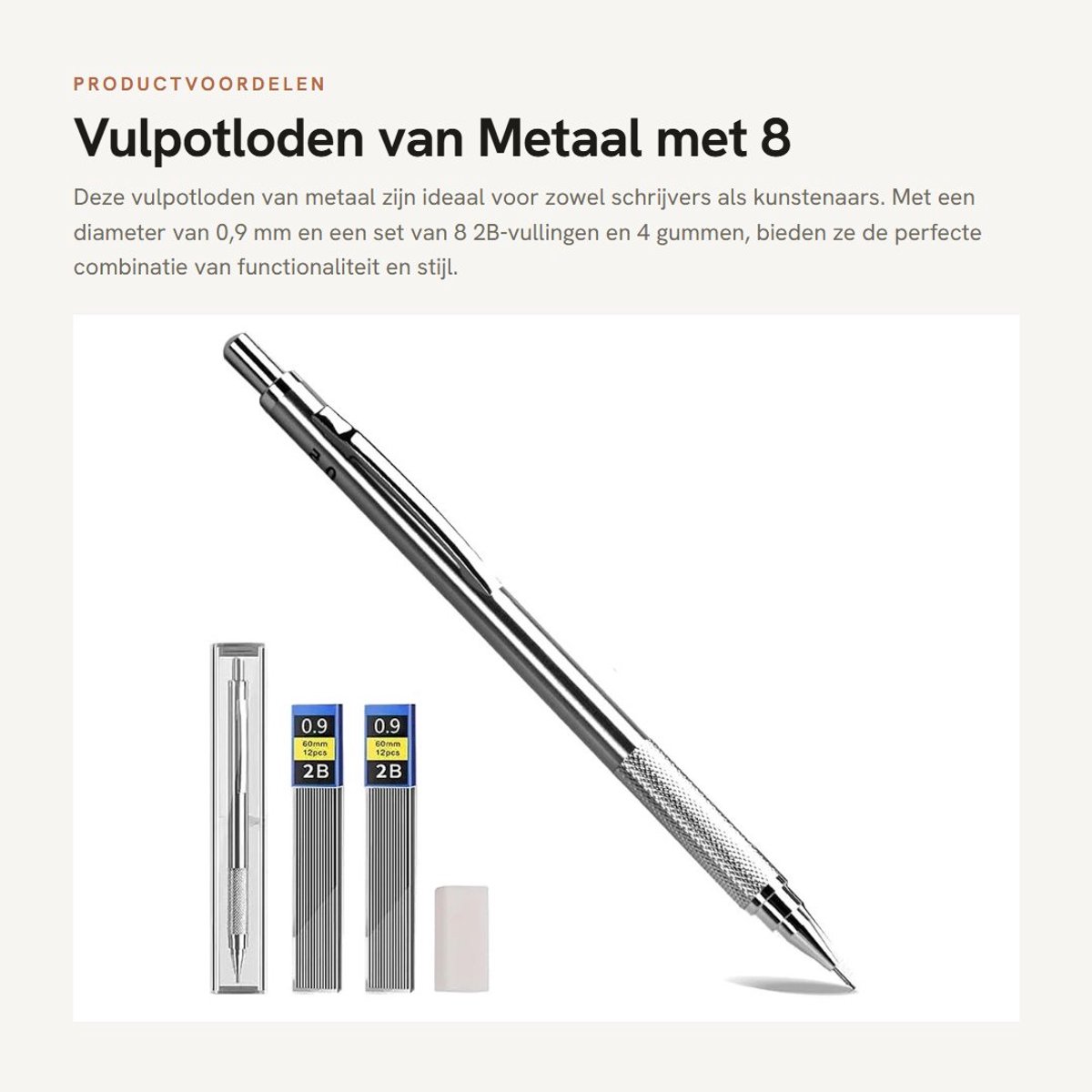 Dailygoods- Vulpotloden 0,9 mm - Metalen Vulpotlood - 8 2B-vullingen - 4 Gummen - Automatisch Potlood - Perfect voor Schrijven/Schetsen - Mechanisch Potlood