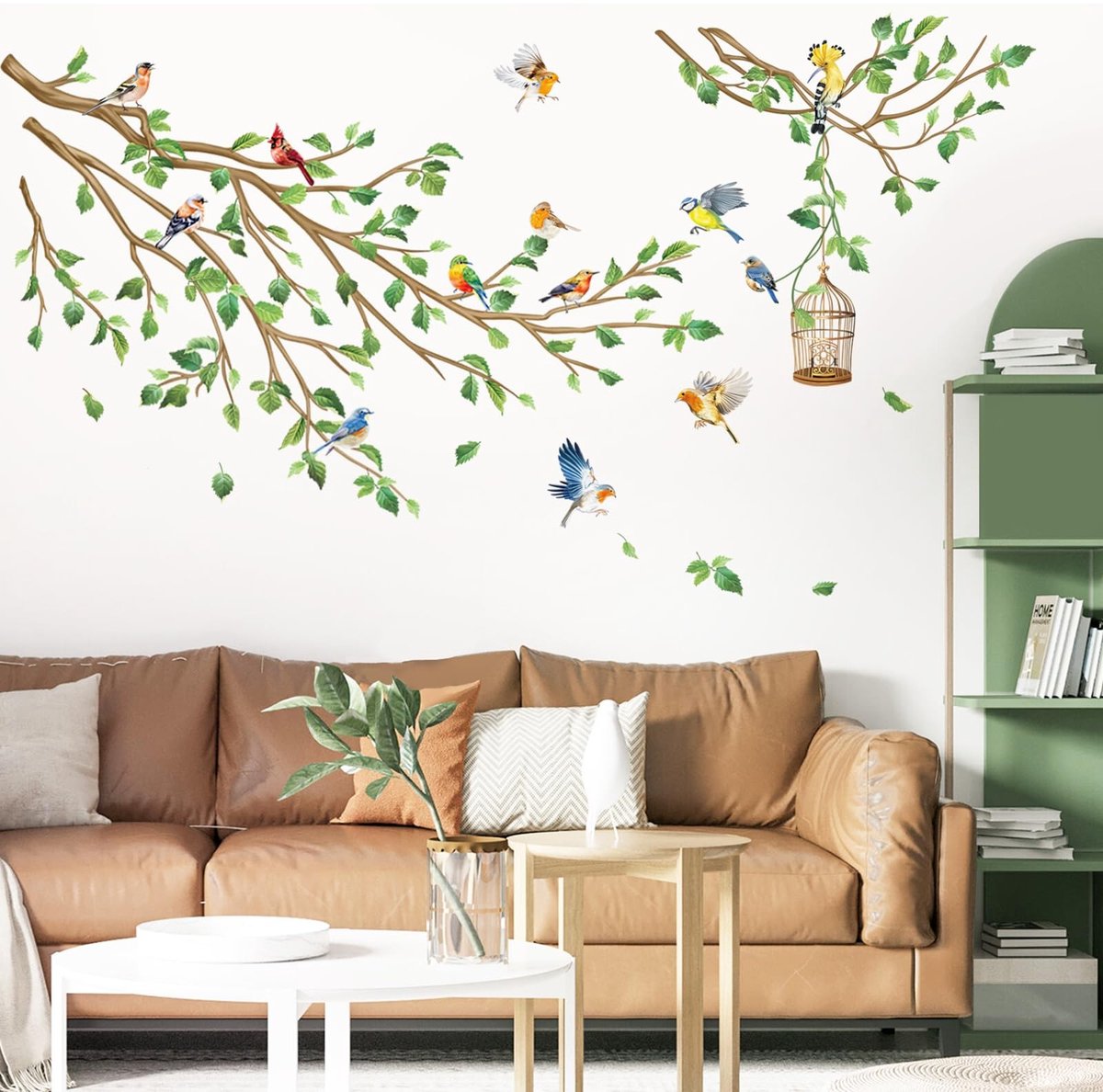 Dailygoods - Wanddecoratie - Muurstickers - Decoratieve stickers - Groen - Vogels op tak - Geschikt voor slaapkamer en woonkamer - Multicolor
