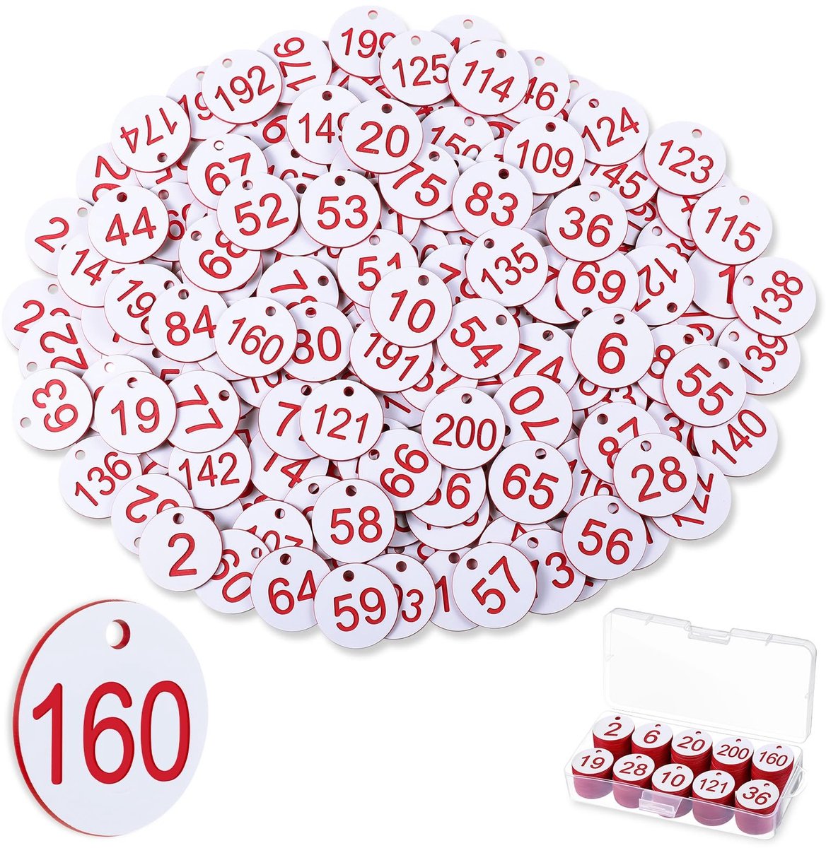 Dailygoods- Nummerborden 1-200 Stuks - Gegraveerde Etiketten - ID-Tags met Gat - Kunststof - Wit/Rood - Voor Diverse Toepassingen