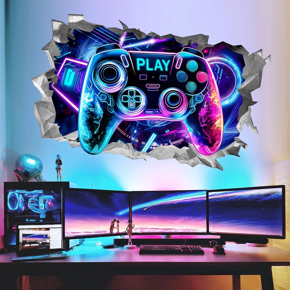 Dailygoods- Muursticker 3D Jongen Gamer - Wanddecoratie Kinderkamer - Gaming Kamer - Controller - Hoogwaardige Designs - Veilig en Niet Giftig