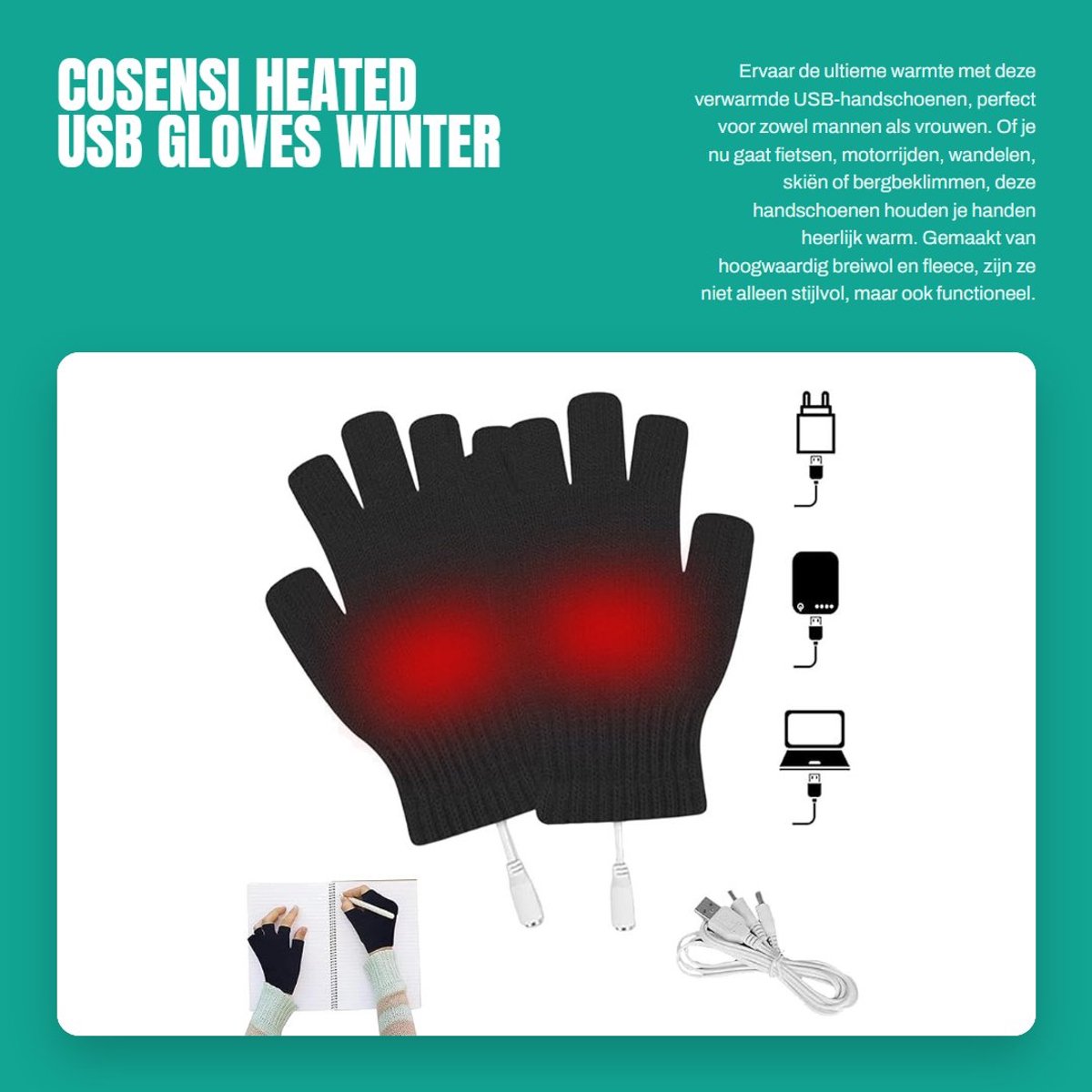 Dailygoods - Heated Usb Gloves - Winter Heated Gloves - Half Fingers Warm - Zwart - Geschikt voor Cycling, Motorcycling, Hiking, Skiing, Mountaineering
