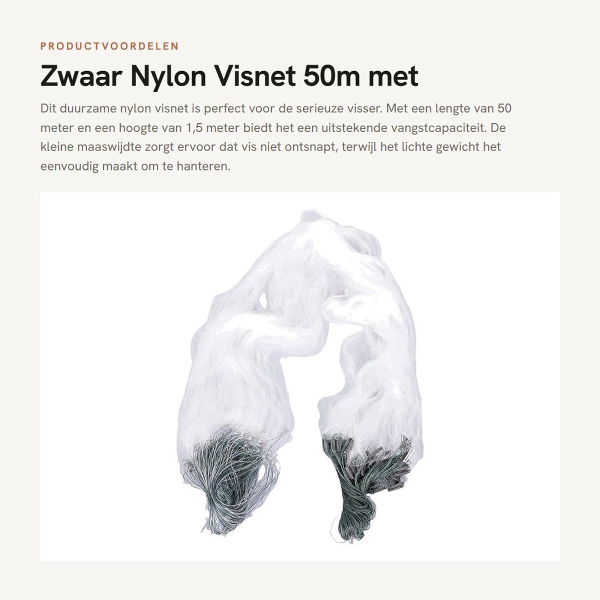 Dailygoods- Visnet 50 M Lengte - 1,5 M Hoogte - 3 Lagen - Zwaar Nylon - Kleine Maaswijdte - Duurzaam en Lichtgewicht - Visgerei