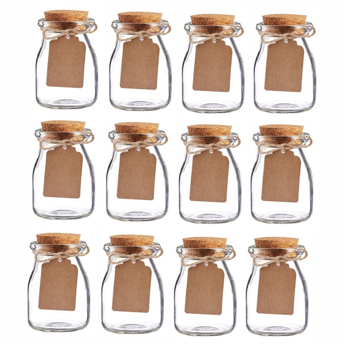Dailygoods- Glazen Potten - 12 Stuks - Met Kurken Deksel - Decoratie - Milkflessen - 7.5 cm x 13 cm - Voor Speciale Evenementen - Melkflessen