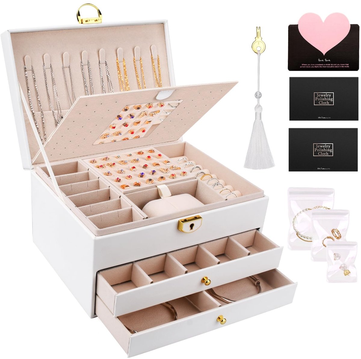 Dailygoods- Sieradendoos met drie lagen - Sieradenkistje - Juwelendoos voor kettingen - Oorbellen/armbanden/ringen - Hoogwaardig PU-leer - Waterdicht/moisturebestendig