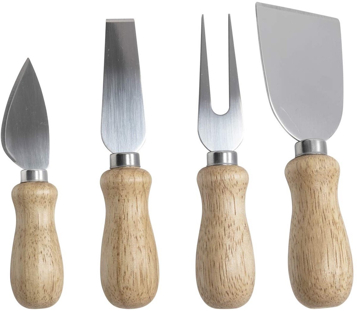 Dailygoods- Kaasbestek 4-delig - Zacht/hard Kaasmes - Kaasspatel - Kaasvork - Roestvrij Staal - Handvat van Hout