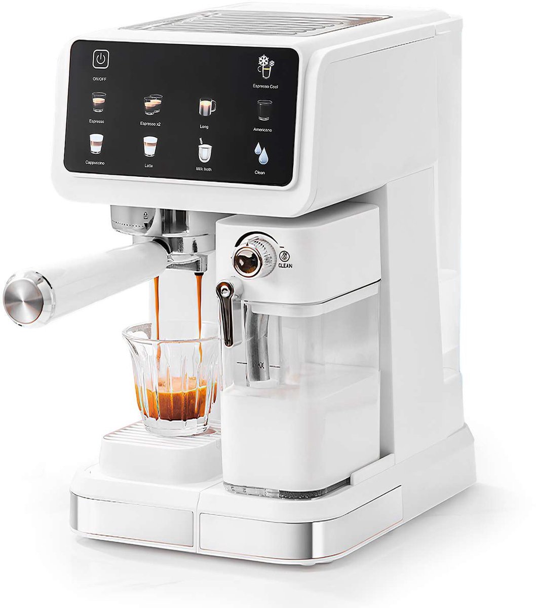 Velmio Velmio Espressomachine - 20 Bar – Koffiemachines - Met Melkopschuimer - Stoommachine - Automatische Melkopschuimer - Latte/Cappuccino/Heet Water - Zelfreinigend - Koffiezetapparaat - 1,5L Watertank - Wit