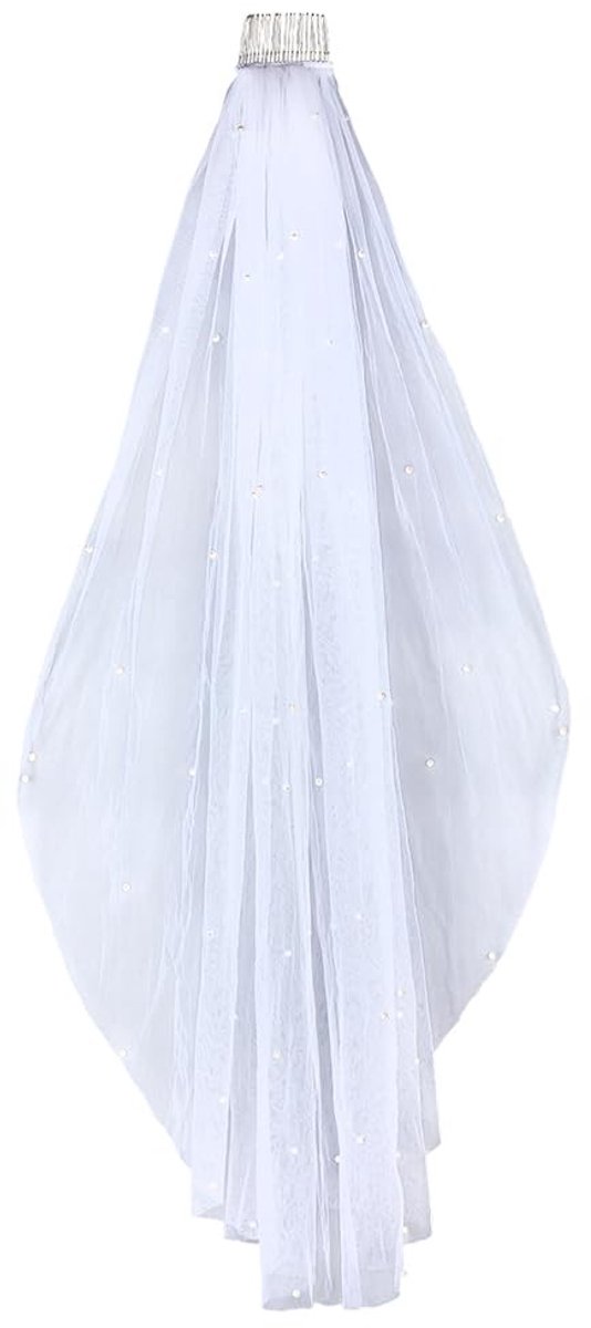 Dailygoods- Bruidssluier 1 Laag - Korte Sluier - Tule met Parel - Haaraccessoire met Kam - Vingertoplengte - Zuiver Wit - Trouwsluier