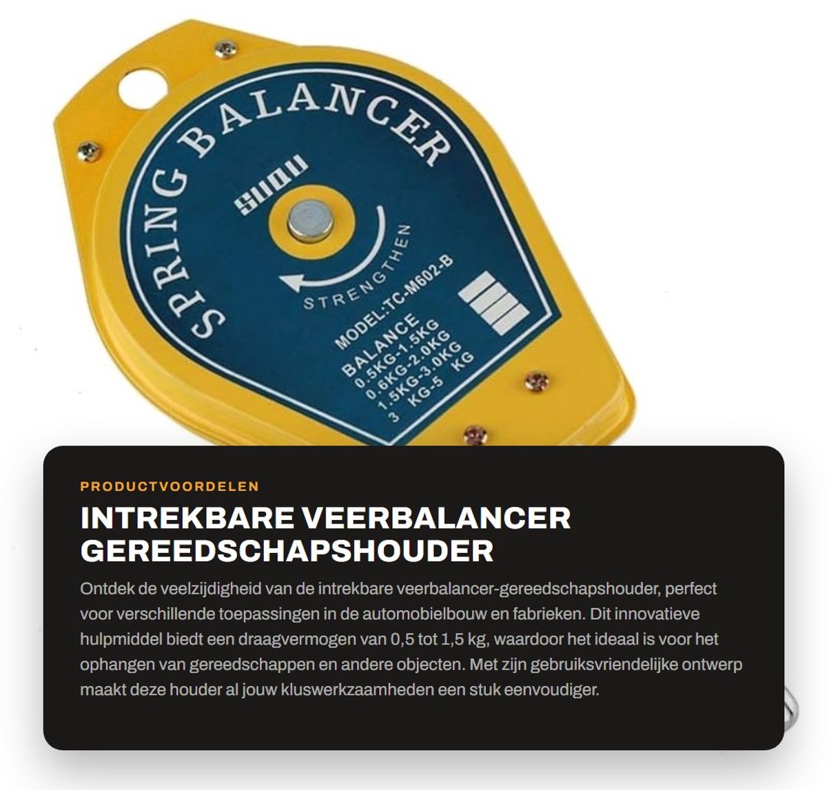 Dailygoods- Veerbalancer Intrekbaar - Draagvermogen 0,5/1,5 kg - Gereedschapshouder - Hoogwaardig Metaal/Kunststof - Duurzaam - Geschikt voor Automobielbouw/Fabriek - Ophangsystemen