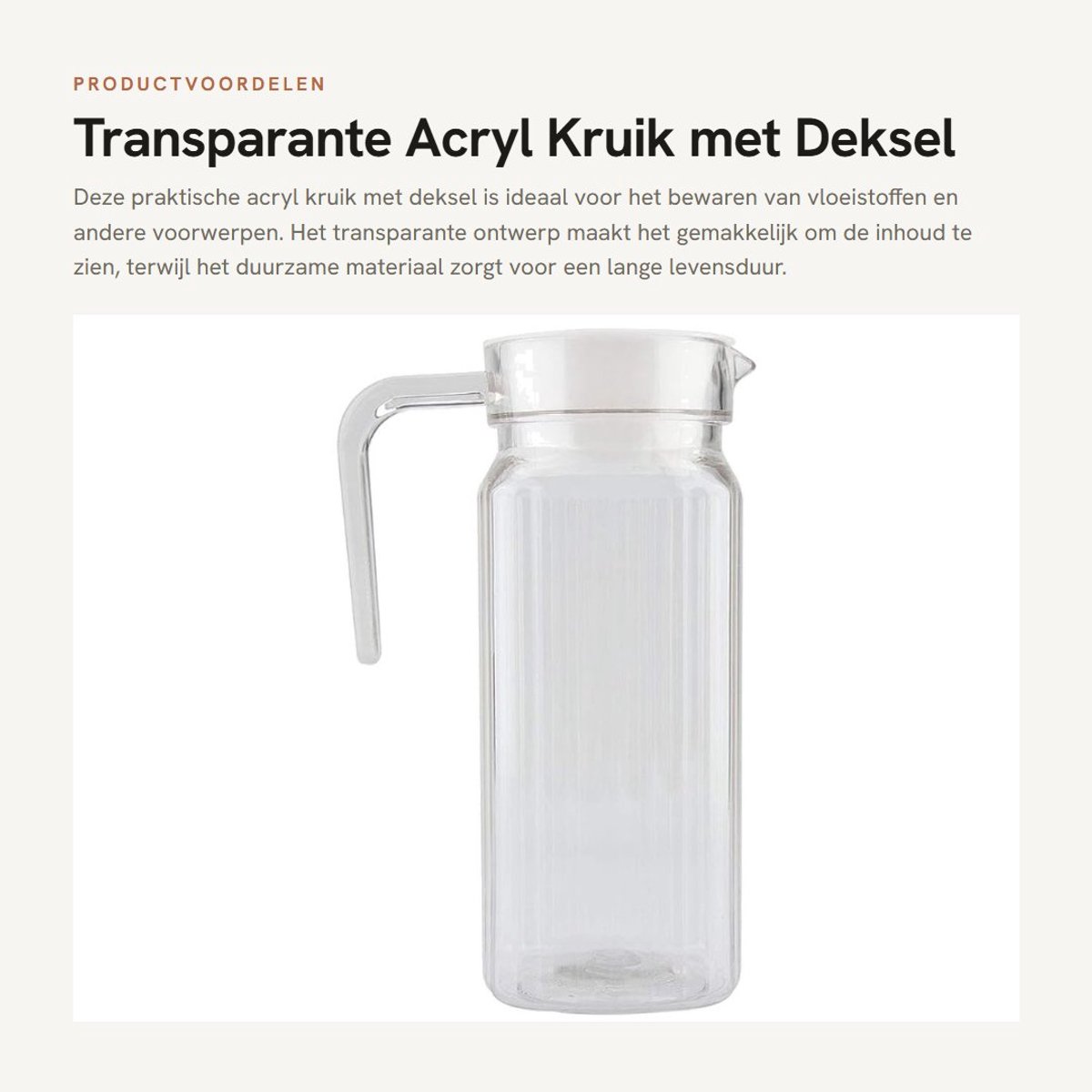 Dailygoods- Acryl Kruik 800ML - Transparant - Deksel - Duurzaam - Handvat - Voedselveilig - Waterkan