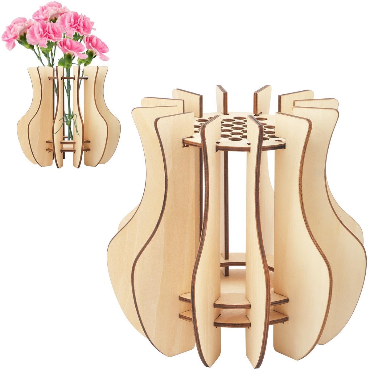 Dailygoods- Puzzel Bloemenvaas Houten - Creatieve Displaystandaard - Voor Rozen/Zonnebloemen/Narcissen - Makkelijk te Monteren - 1 Set - Lindehout