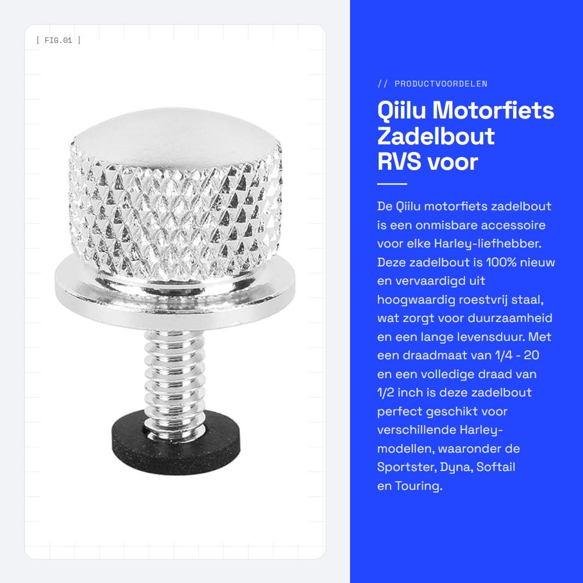 Dailygoods- Zadelbout RVS - Zadelbeugel - Schroef - Draad 1/4-20 - Geschikt voor Harley - Eenvoudig te installeren - Motorfiets Zadelbout