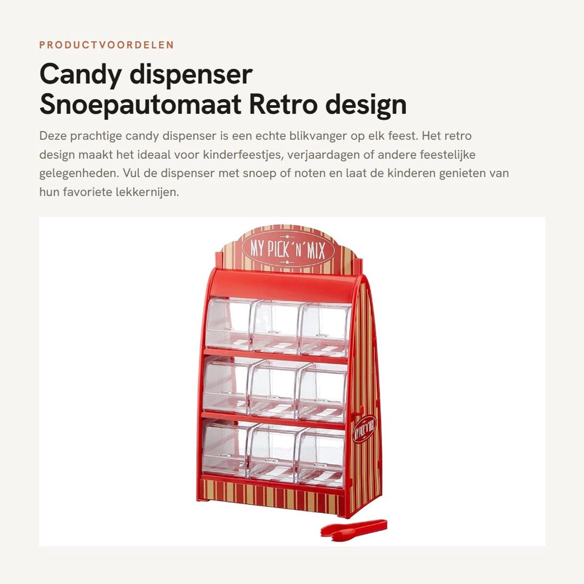Dailygoods- Snoepdispenser Retro Design - 9 Compartimenten - Inclusief Grijptang - 25 x 18 x 9,5 cm - Perfect voor Feestjes - Van Kunststof - Snoepautomaat