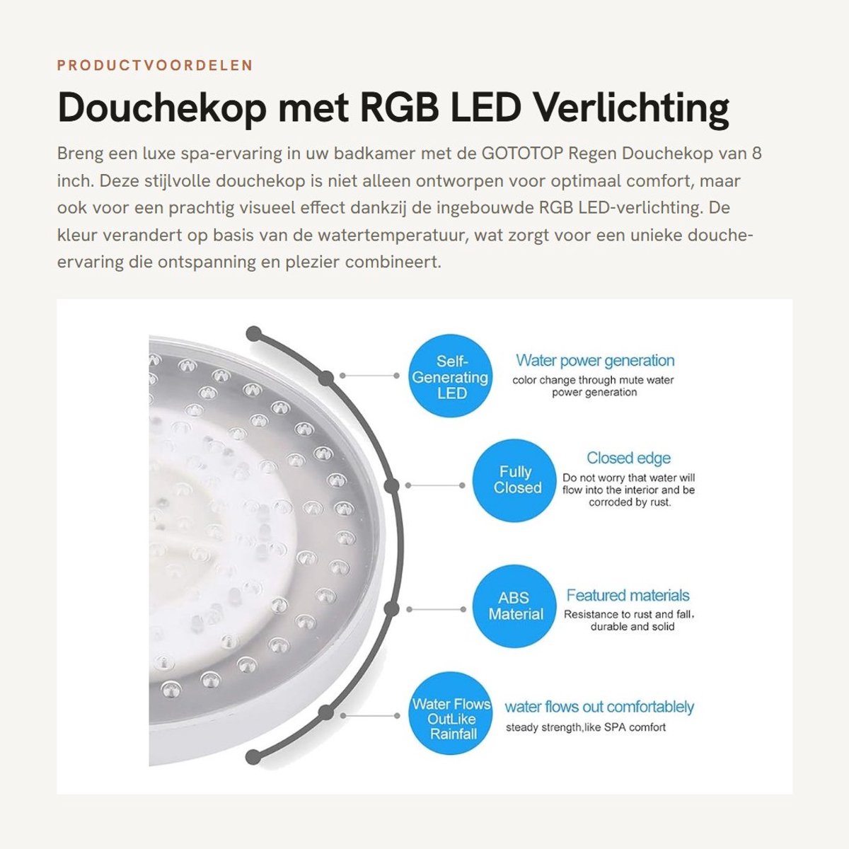 Dailygoods - Douchekop met RGB LED Verlichting - Regen Douchespray - 8 Inch - Ronde Stalen Douchekop - Luxe Doucheervaring - Geschikt voor Badkamer -...