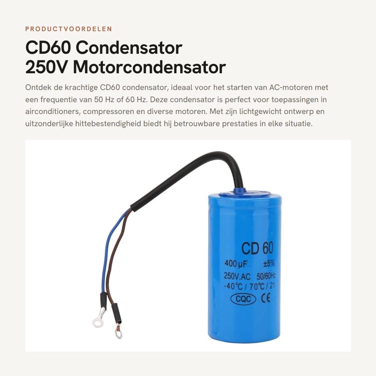 Dailygoods- Motorcondensator 250V 400uF - Startcondensator - Hittebestendig - Slagvast - Duurzaam - Geschikt voor airconditioning en compressoren