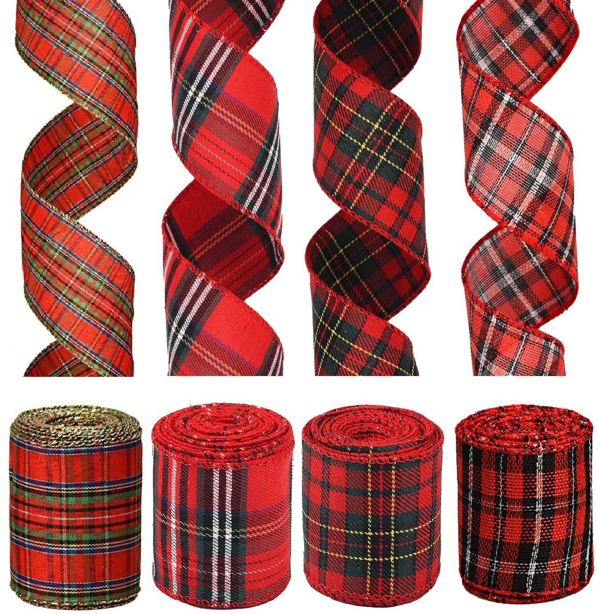 Dailygoods- Kerstlint 4 Stuks - Decoratie Lint - Gingham - DIY Bogen - Kerstversiering - 6.3cm x 6m - Duurzaam Polyester - Decoratielint