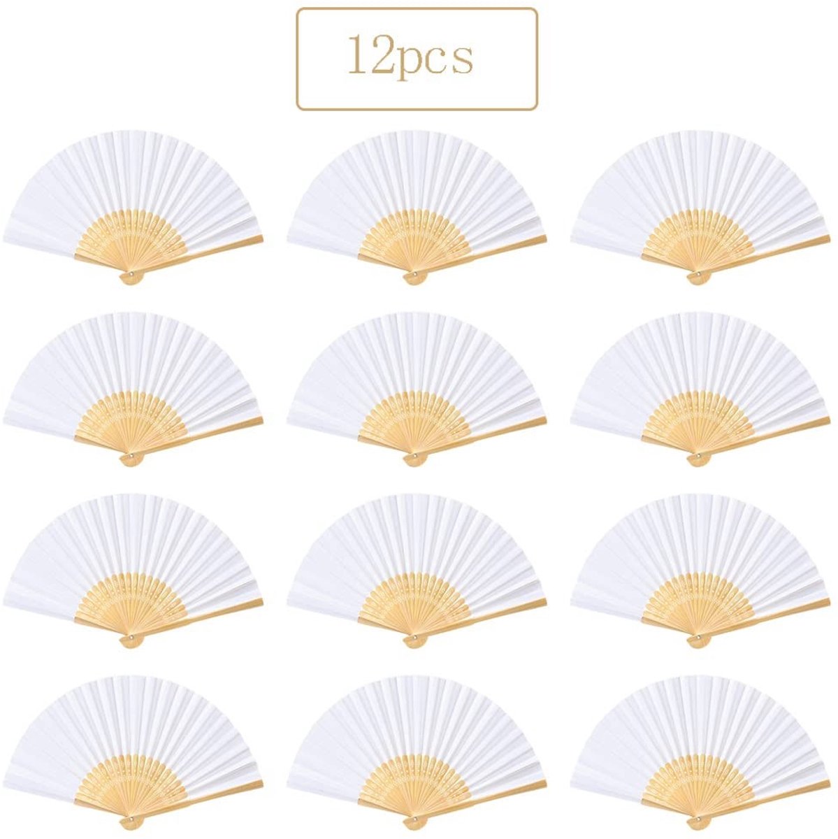 Dailygoods- Witte Waaiers 12 Stuks - Papieren Waaiers - Bruiloft/Feest - Lichtgewicht - Bamboe/Papier - Inclusief Organza Zakjes - Handwaaier