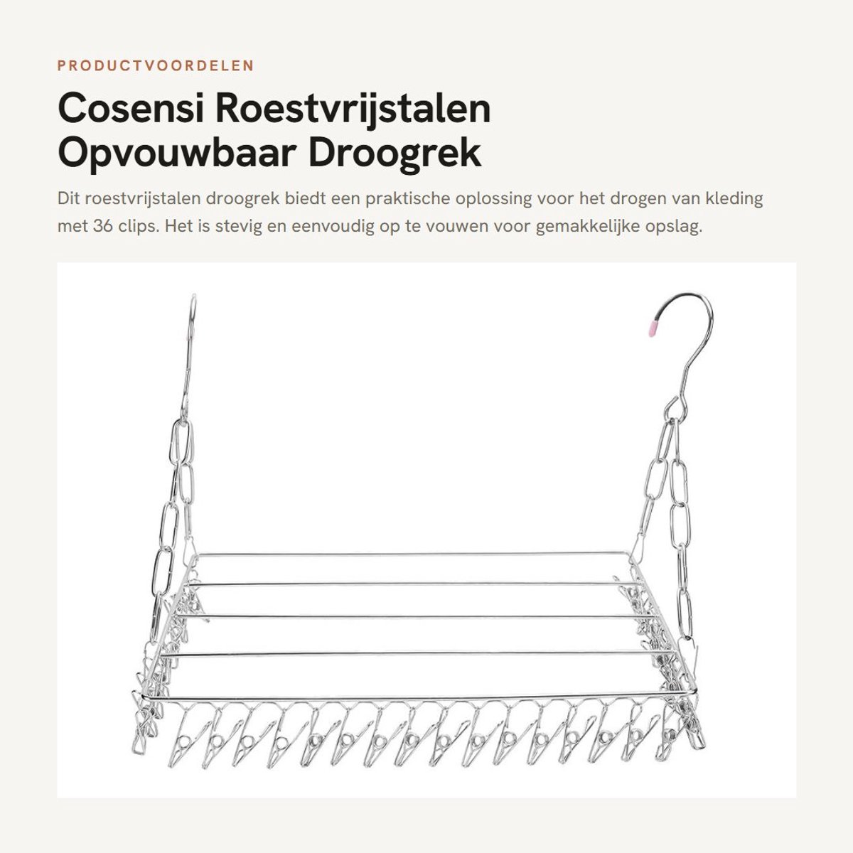 Dailygoods- Wasdroogrek Roestvrij staal - Opvouwbaar Kledingdroogrek - 36 Clips - Winddicht Hanger - Voor Handdoeken/Lingerie - 40cm Lengte - Kledinghanger