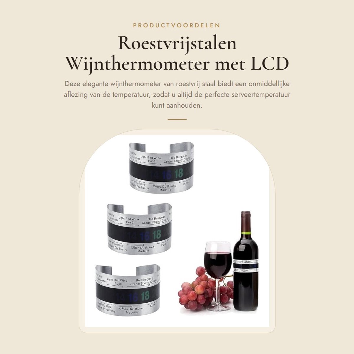 Dailygoods- Wijnthermometer Roestvrij Staal - Temperatuurbereik 4-24 °C - Diameter 6 cm - Gewicht 23 gram - Elegante Temperatuurthermometer - Onmiddellijke Aflezing - Temperatuurmeter