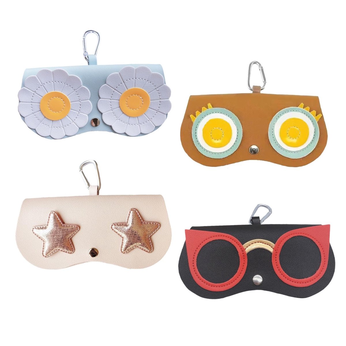 Dailygoods- Brillenkoker Draagbaar - Leren Brillenetui - Modieuze Zonnebrillenetui - 4 Stuks - Karabijnhaak - 15x9 cm