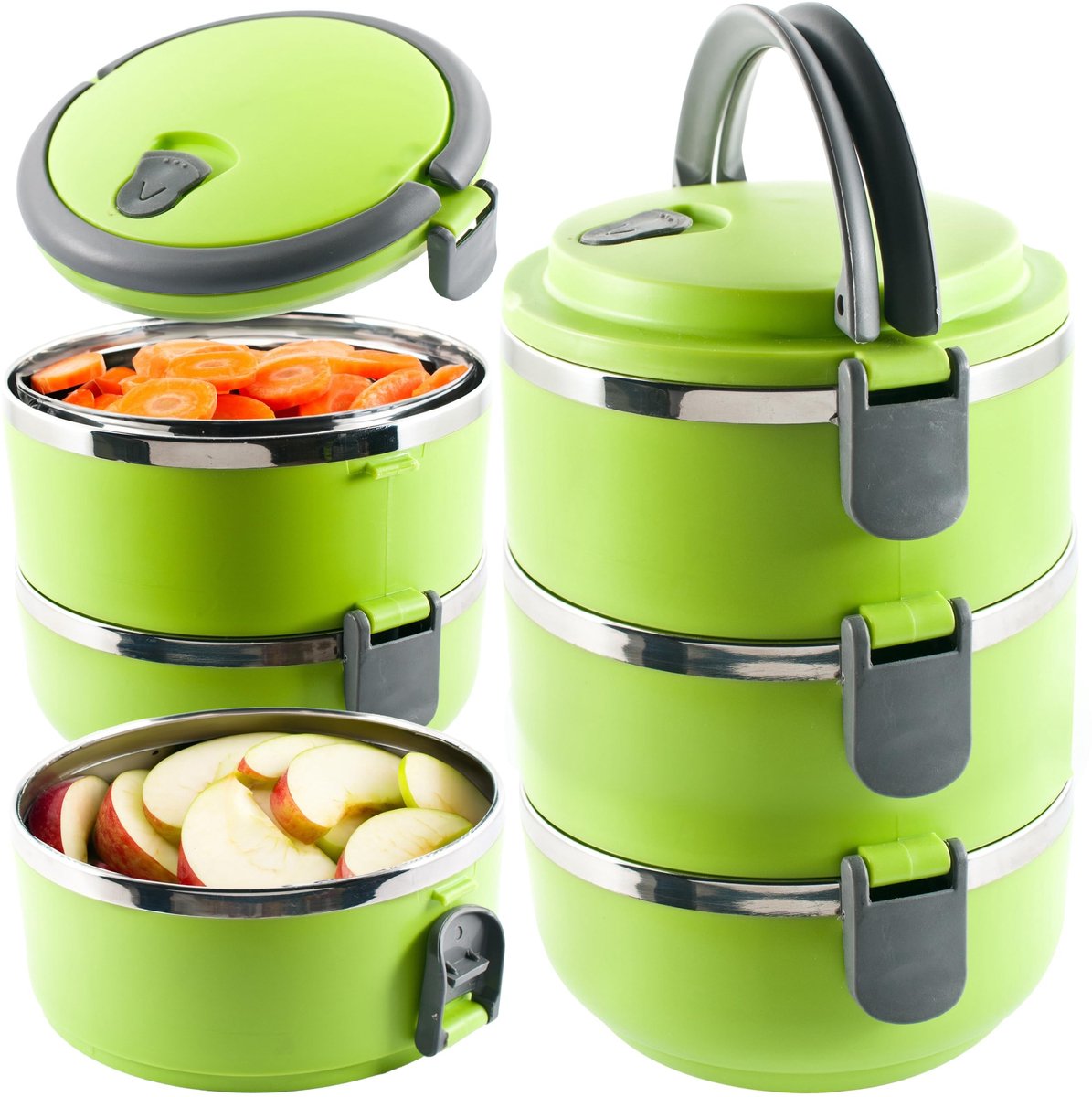 Dailygoods- Voedselcontainer Geïsoleerd - Draagbare Lunchbox - 3 Lagen - Lekvrij - Opvouwbaar Handvat - Inhoud 2100 ml